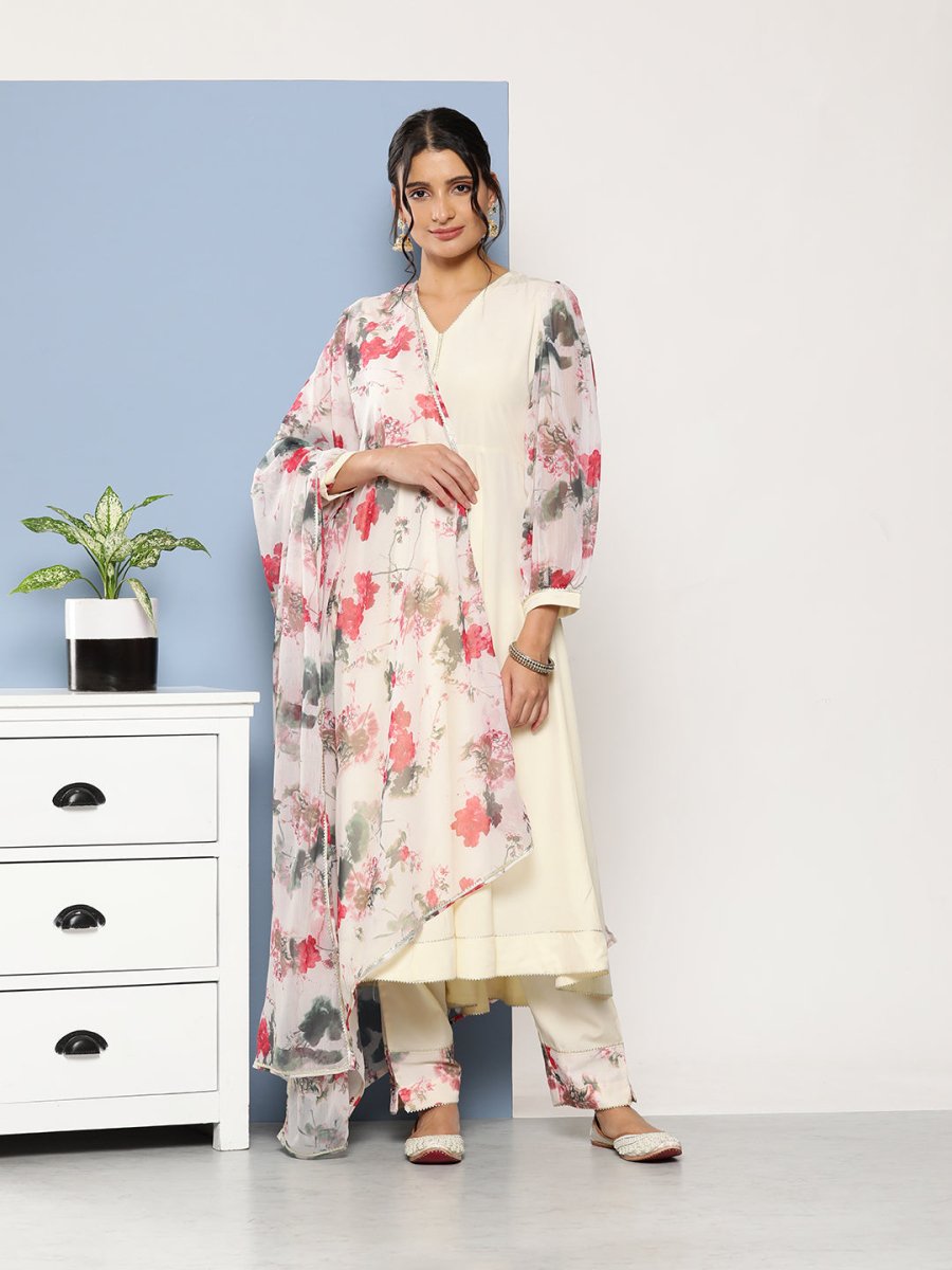 Ahalyaa Women Off White Floral Empire Gotta Patti Kurta with Trousers & With Dupatta | Grocsy