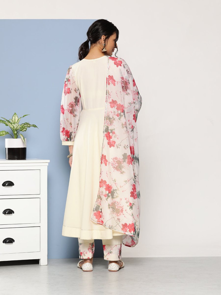 Ahalyaa Women Off White Floral Empire Gotta Patti Kurta with Trousers & With Dupatta | Grocsy