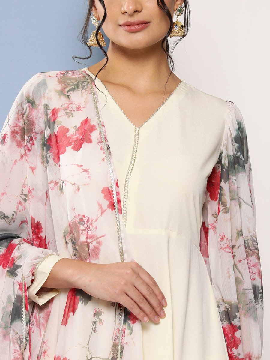 Ahalyaa Women Off White Floral Empire Gotta Patti Kurta with Trousers & With Dupatta | Grocsy