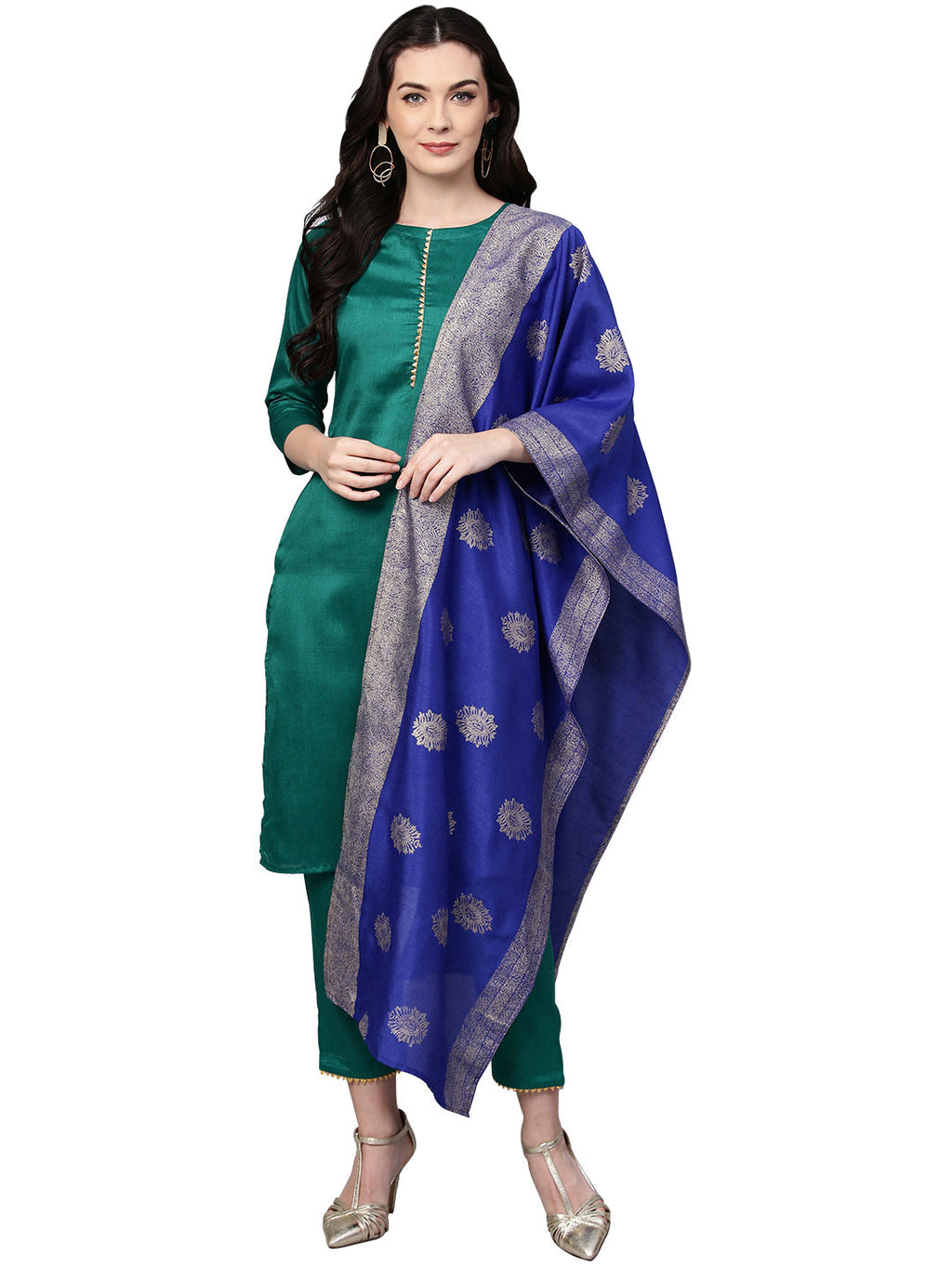 Indian Clothing Ahalyaa Green Solid Kurta with Trousers & Dupatta | Grocsy