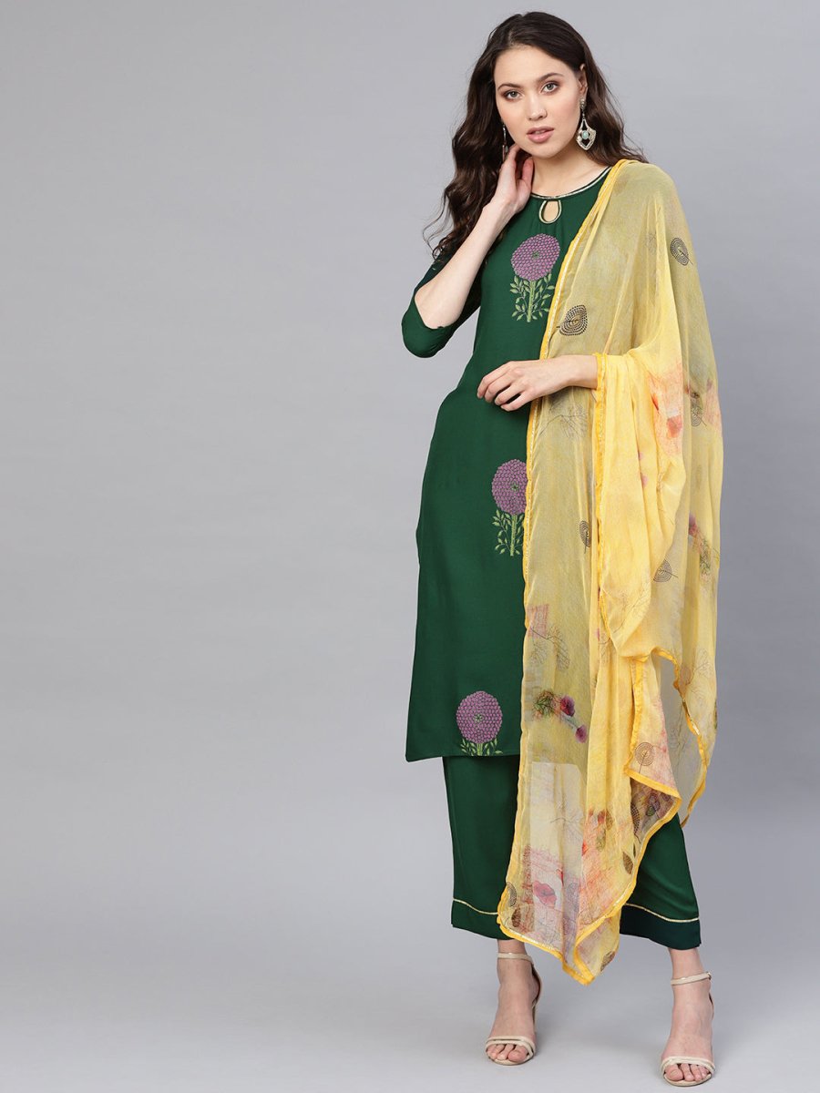 Ahalyaa Women Green & Yellow Printed Kurta With Trousers & Dupatta | Grocsy