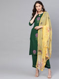 Ahalyaa Women Green & Yellow Printed Kurta With Trousers & Dupatta | Grocsy