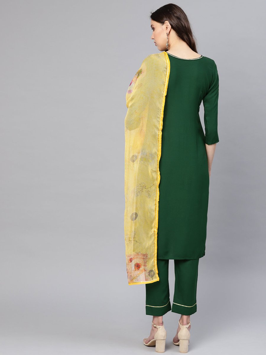 Ahalyaa Women Green & Yellow Printed Kurta With Trousers & Dupatta | Grocsy