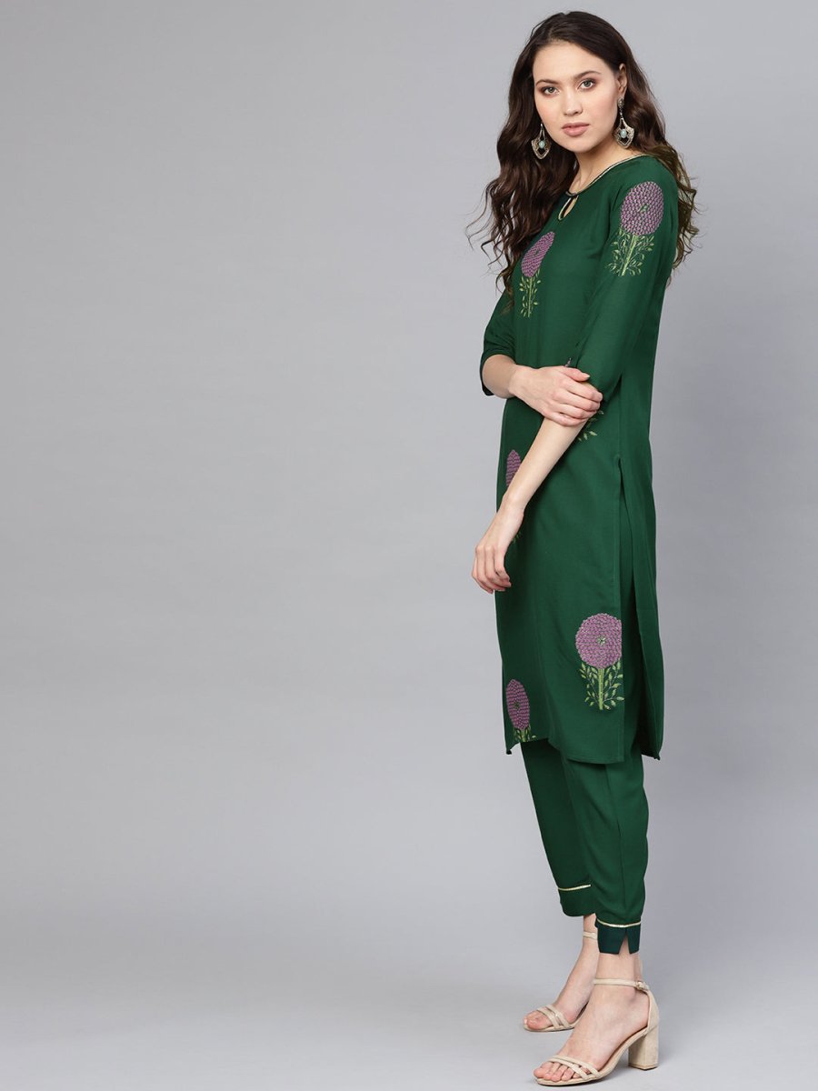 Ahalyaa Women Green & Yellow Printed Kurta With Trousers & Dupatta | Grocsy