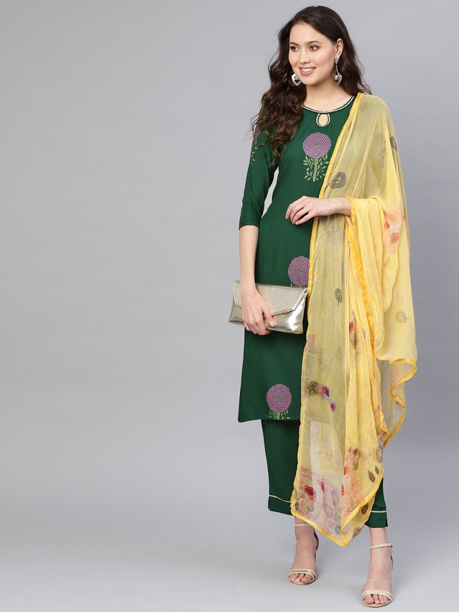 Ahalyaa Women Green & Yellow Printed Kurta With Trousers & Dupatta | Grocsy