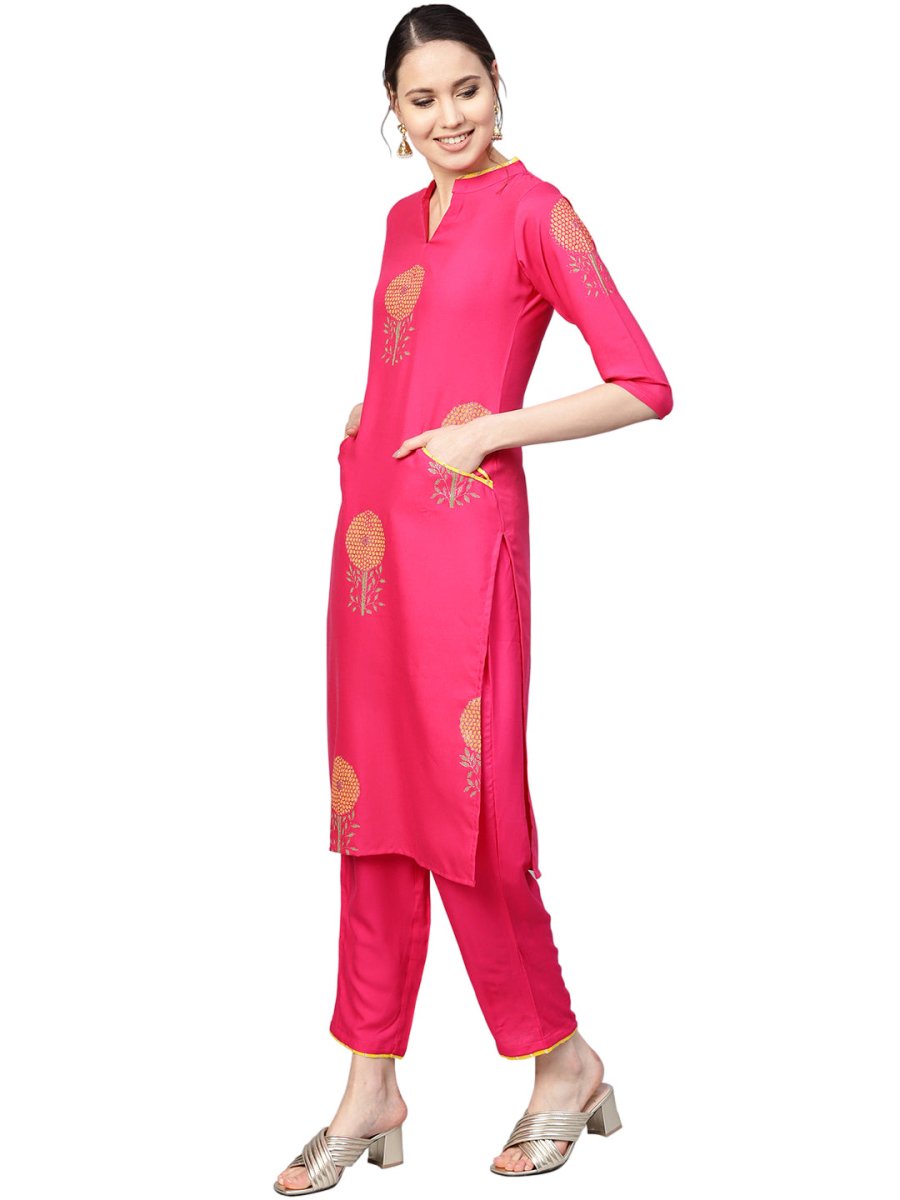 Ahalyaa Fuchsia Viscose Rayon Straight Kurta Set | Grocsy