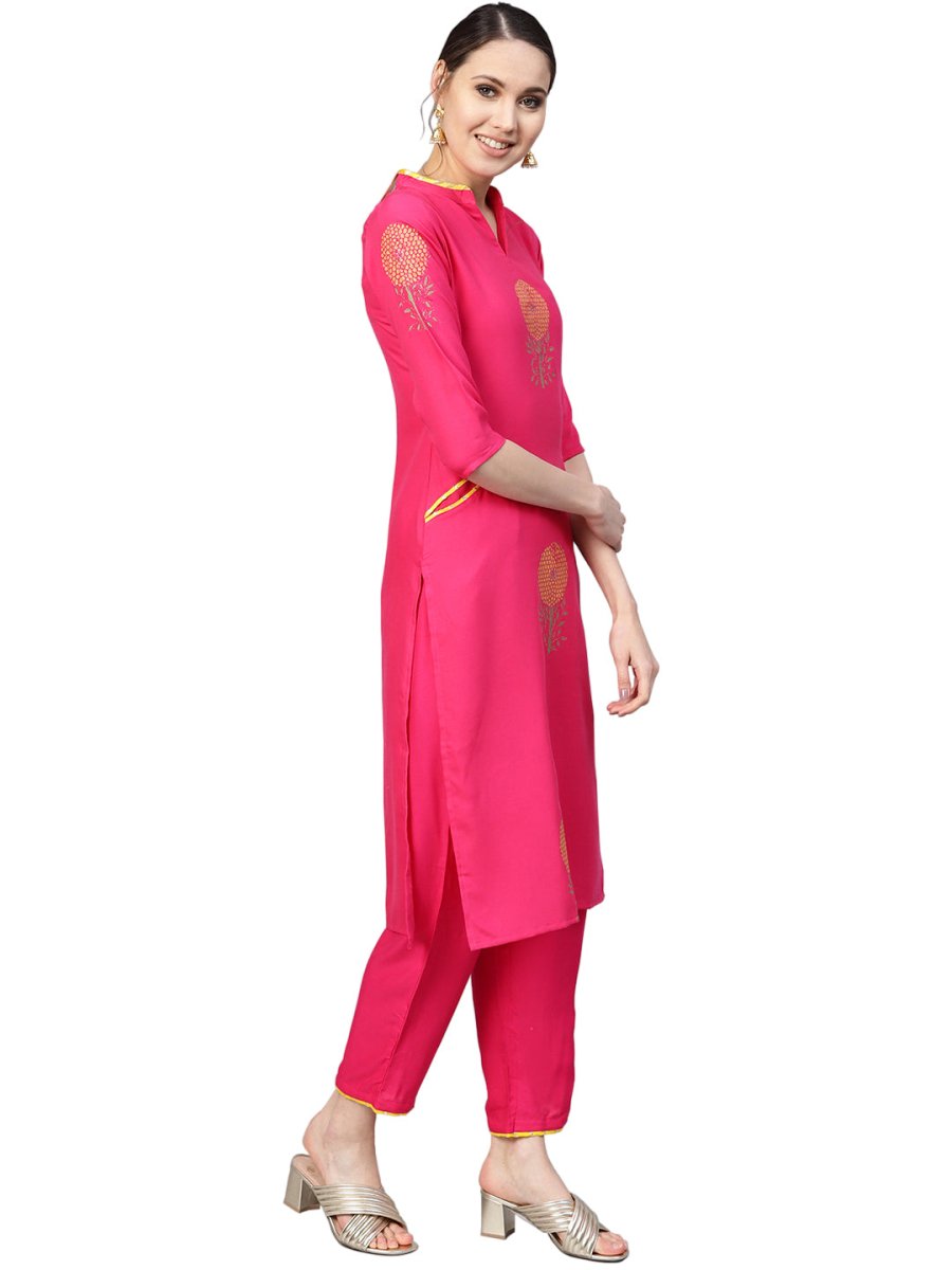 Ahalyaa Fuchsia Viscose Rayon Straight Kurta Set | Grocsy