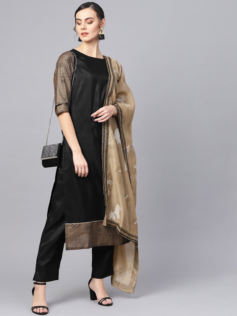 Ahalyaa Black Solid Kurta with Trousers & Dupatta | Grocsy