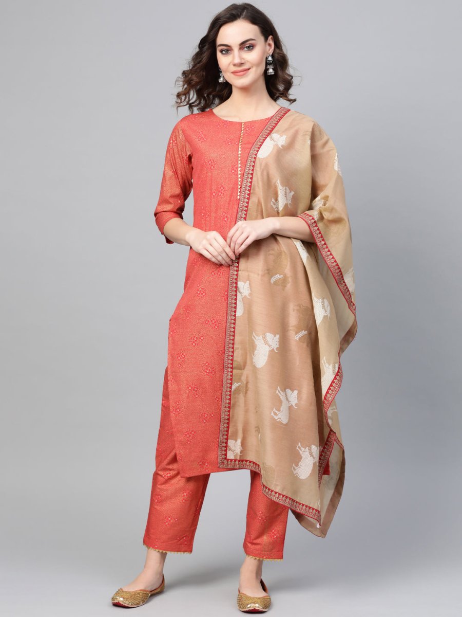 Ahalyaa Women Red & Golden Printed Kurta with Trousers & Dupatta | Grocsy