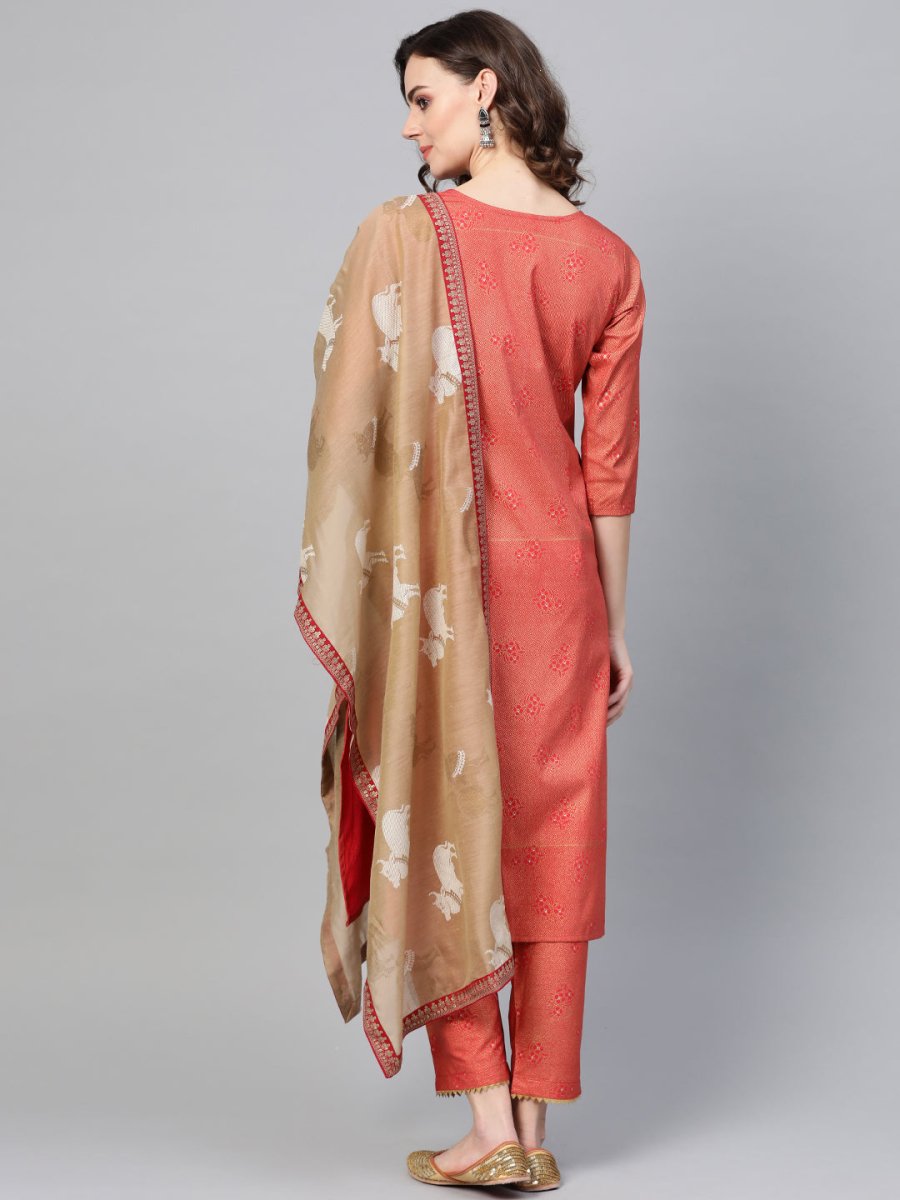 Ahalyaa Women Red & Golden Printed Kurta with Trousers & Dupatta | Grocsy