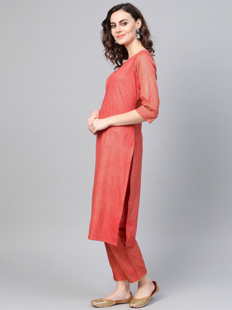 Ahalyaa Women Red & Golden Printed Kurta with Trousers & Dupatta | Grocsy