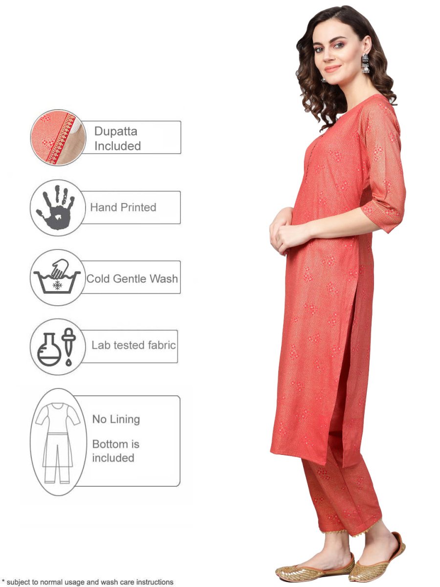 Ahalyaa Women Red & Golden Printed Kurta with Trousers & Dupatta | Grocsy