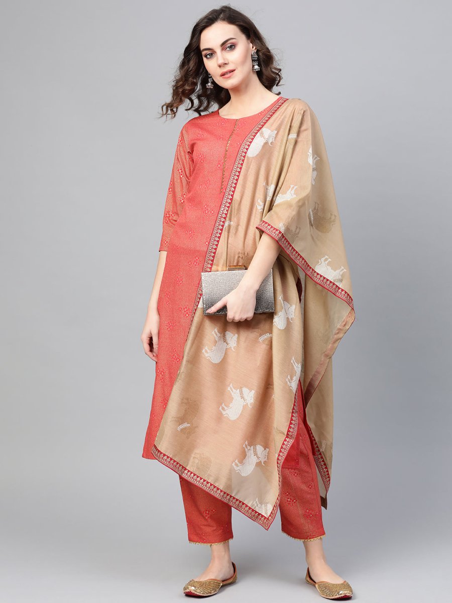 Ahalyaa Women Red & Golden Printed Kurta with Trousers & Dupatta | Grocsy