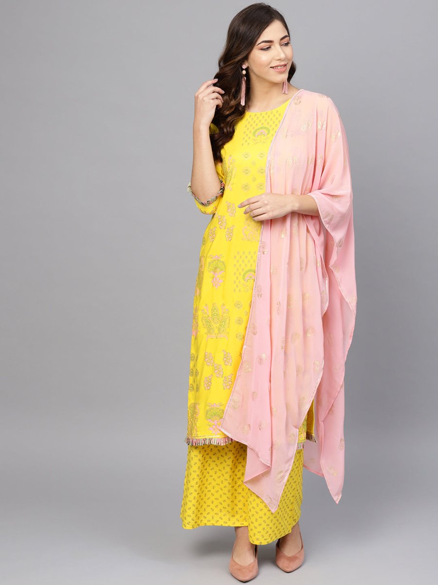 Ahalyaa Women Yellow & Pink Printed Kurta with Palazzos & Dupatta | Grocsy