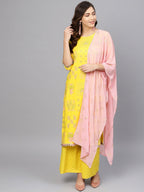 Ahalyaa Women Yellow & Pink Printed Kurta with Palazzos & Dupatta | Grocsy