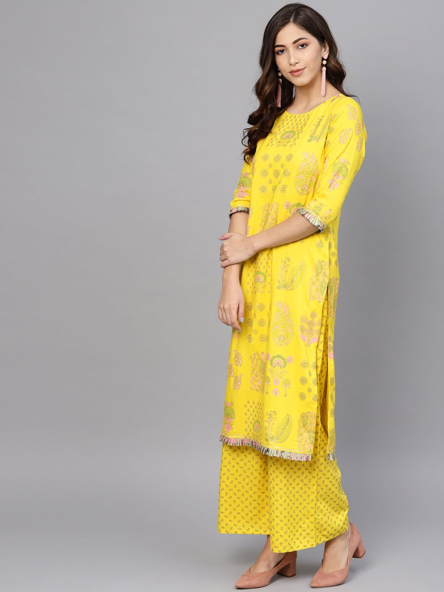 Ahalyaa Women Yellow & Pink Printed Kurta with Palazzos & Dupatta | Grocsy