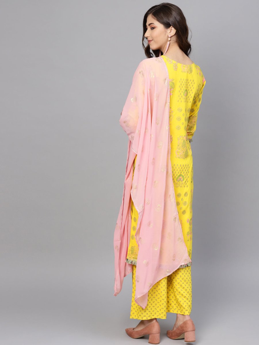 Ahalyaa Women Yellow & Pink Printed Kurta with Palazzos & Dupatta | Grocsy