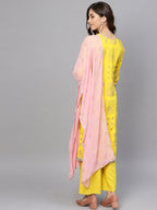 Ahalyaa Women Yellow & Pink Printed Kurta with Palazzos & Dupatta | Grocsy