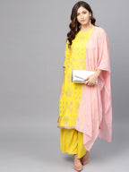 Ahalyaa Women Yellow & Pink Printed Kurta with Palazzos & Dupatta | Grocsy