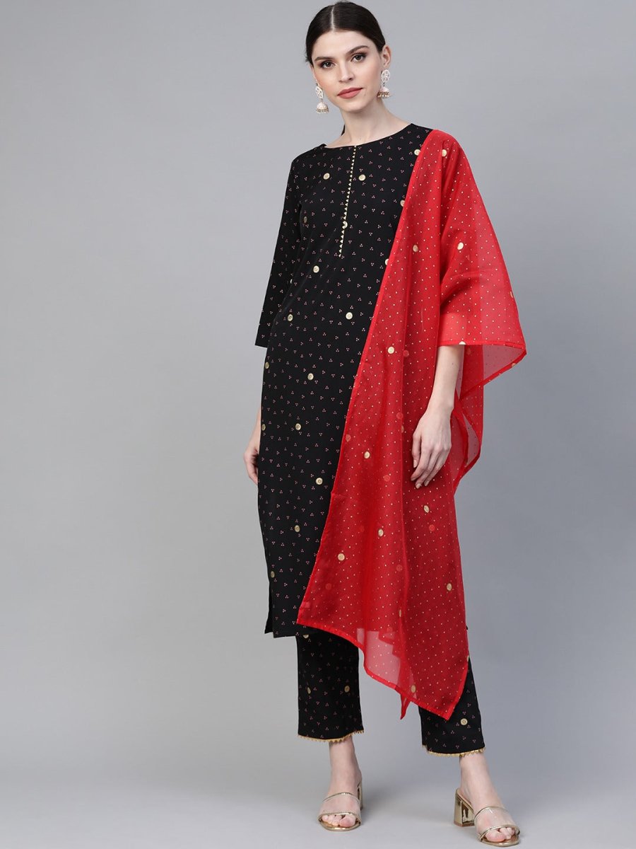 Ahalyaa Black & Pink Bandhani Khari Printed Kurta with Trousers & Dupatta | Grocsy