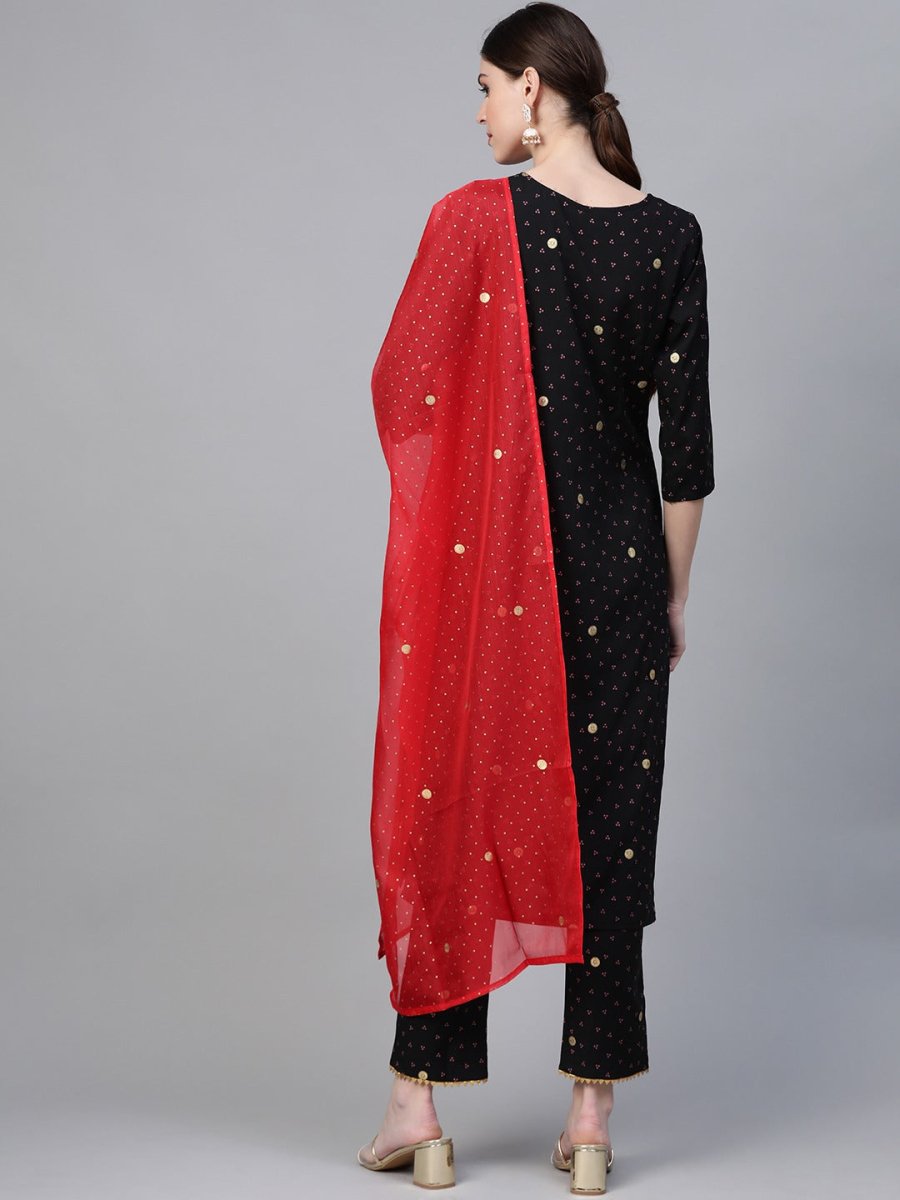 Ahalyaa Black & Pink Bandhani Khari Printed Kurta with Trousers & Dupatta | Grocsy