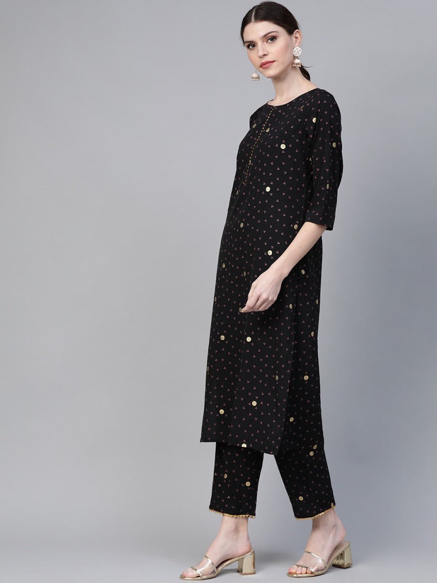 Ahalyaa Black & Pink Bandhani Khari Printed Kurta with Trousers & Dupatta | Grocsy