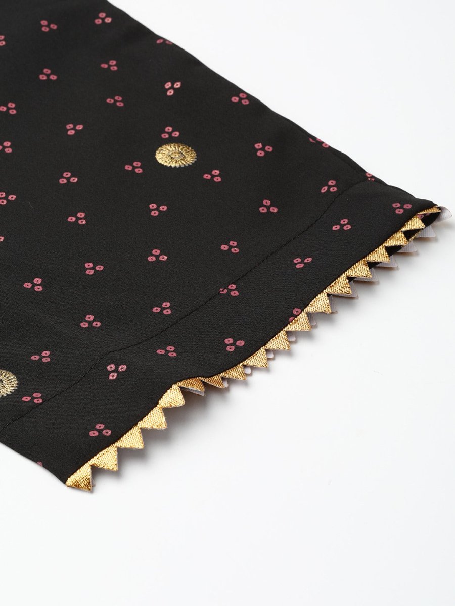 Ahalyaa Black & Pink Bandhani Khari Printed Kurta with Trousers & Dupatta | Grocsy