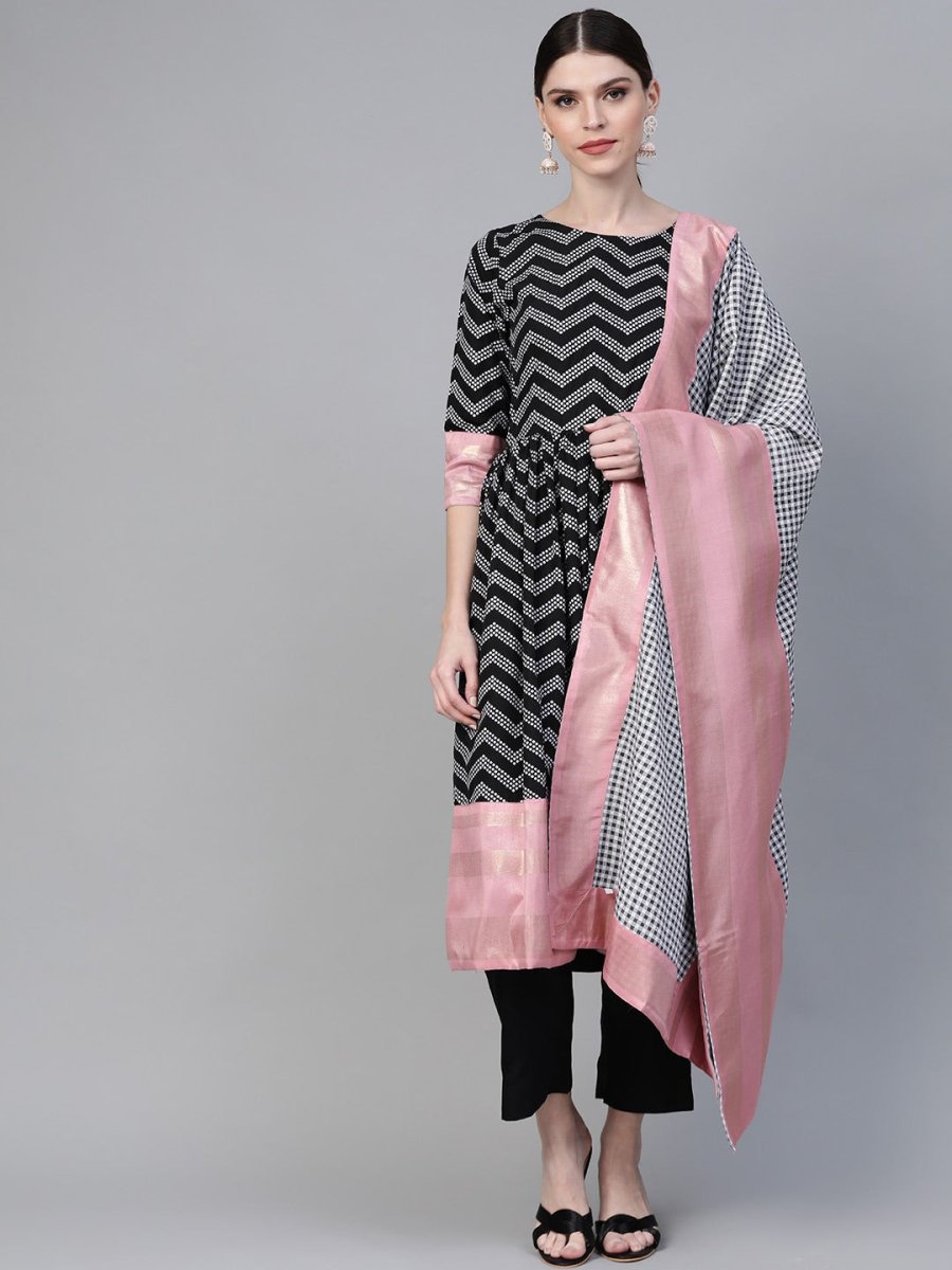 Ahalyaa Women Black & White Polka Dots Chevron Khari Printed Kurta with Trousers & Dupatta | Grocsy