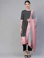 Ahalyaa Women Black & White Polka Dots Chevron Khari Printed Kurta with Trousers & Dupatta | Grocsy