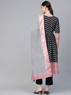 Ahalyaa Women Black & White Polka Dots Chevron Khari Printed Kurta with Trousers & Dupatta | Grocsy
