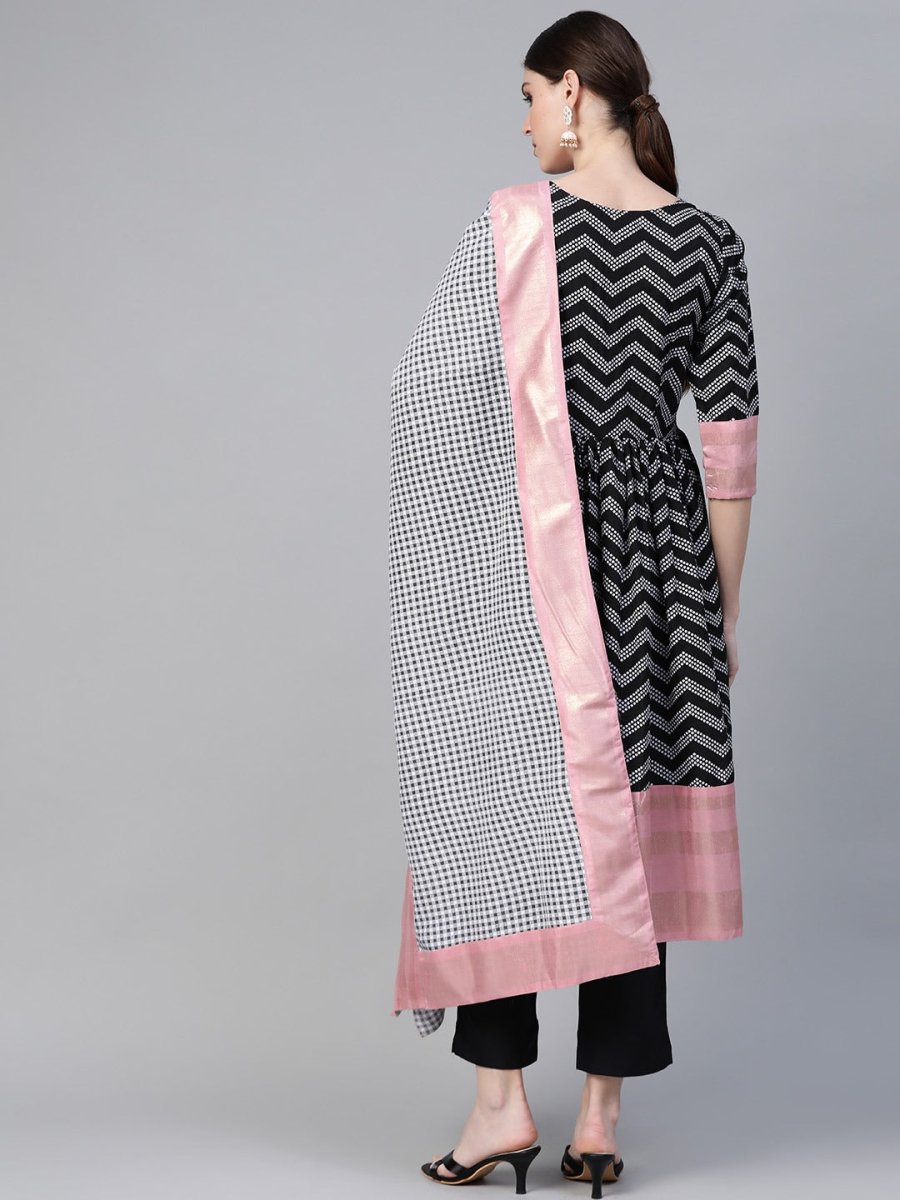 Ahalyaa Women Black & White Polka Dots Chevron Khari Printed Kurta with Trousers & Dupatta | Grocsy