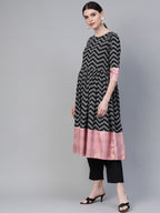 Ahalyaa Women Black & White Polka Dots Chevron Khari Printed Kurta with Trousers & Dupatta | Grocsy