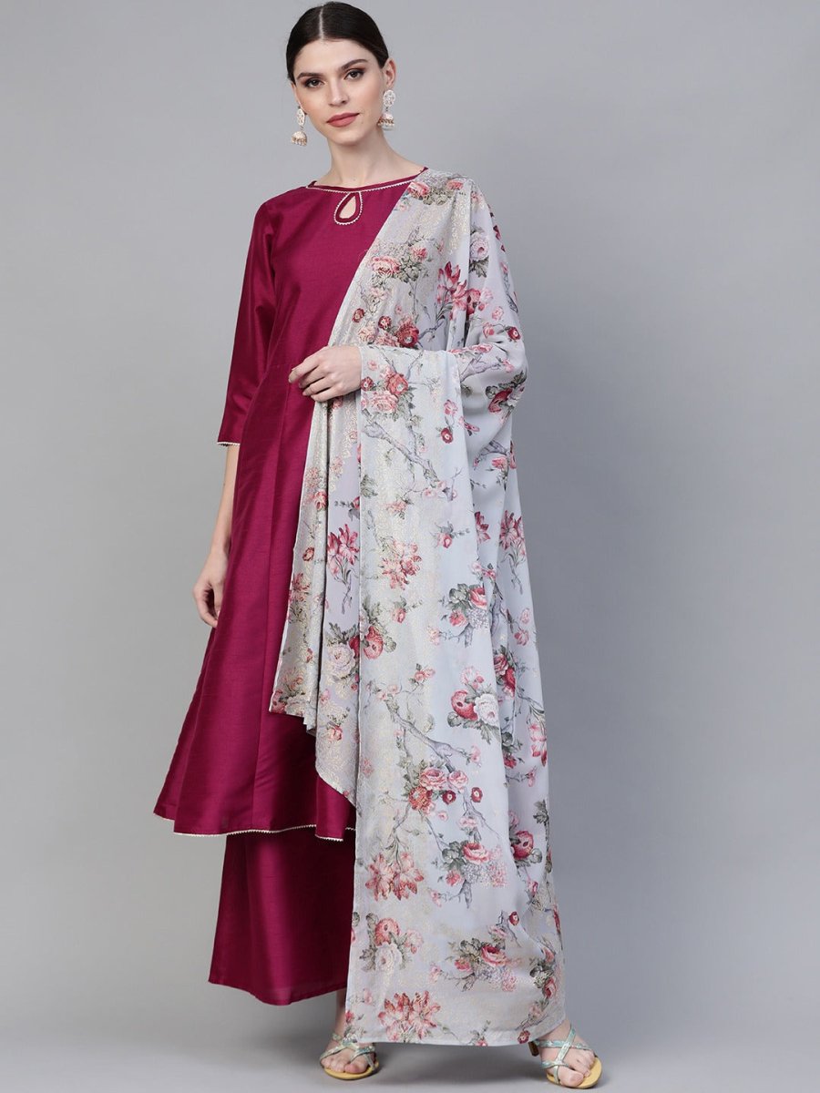 Ahalyaa Magenta & Grey Solid Anarkali Kurta with Palazzos & Floral Dupatta | Grocsy