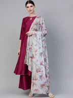 Ahalyaa Magenta & Grey Solid Anarkali Kurta with Palazzos & Floral Dupatta | Grocsy