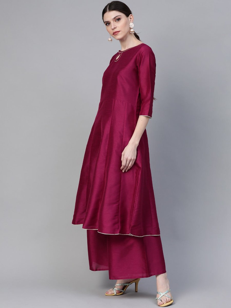 Ahalyaa Magenta & Grey Solid Anarkali Kurta with Palazzos & Floral Dupatta | Grocsy