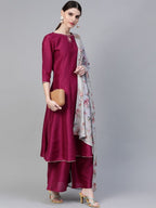 Ahalyaa Magenta & Grey Solid Anarkali Kurta with Palazzos & Floral Dupatta | Grocsy