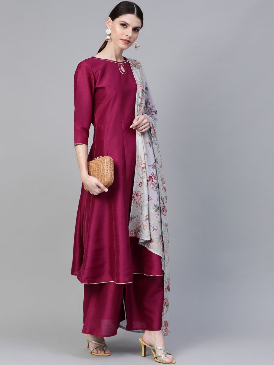 Ahalyaa Magenta & Grey Solid Anarkali Kurta with Palazzos & Floral Dupatta | Grocsy