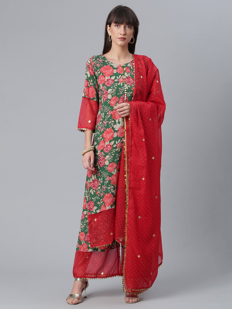 Ahalyaa Women Green Floral Printed Regular Kurta With Palazzos & Dupatta | Grocsy