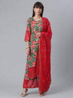 Ahalyaa Women Green Floral Printed Regular Kurta With Palazzos & Dupatta | Grocsy
