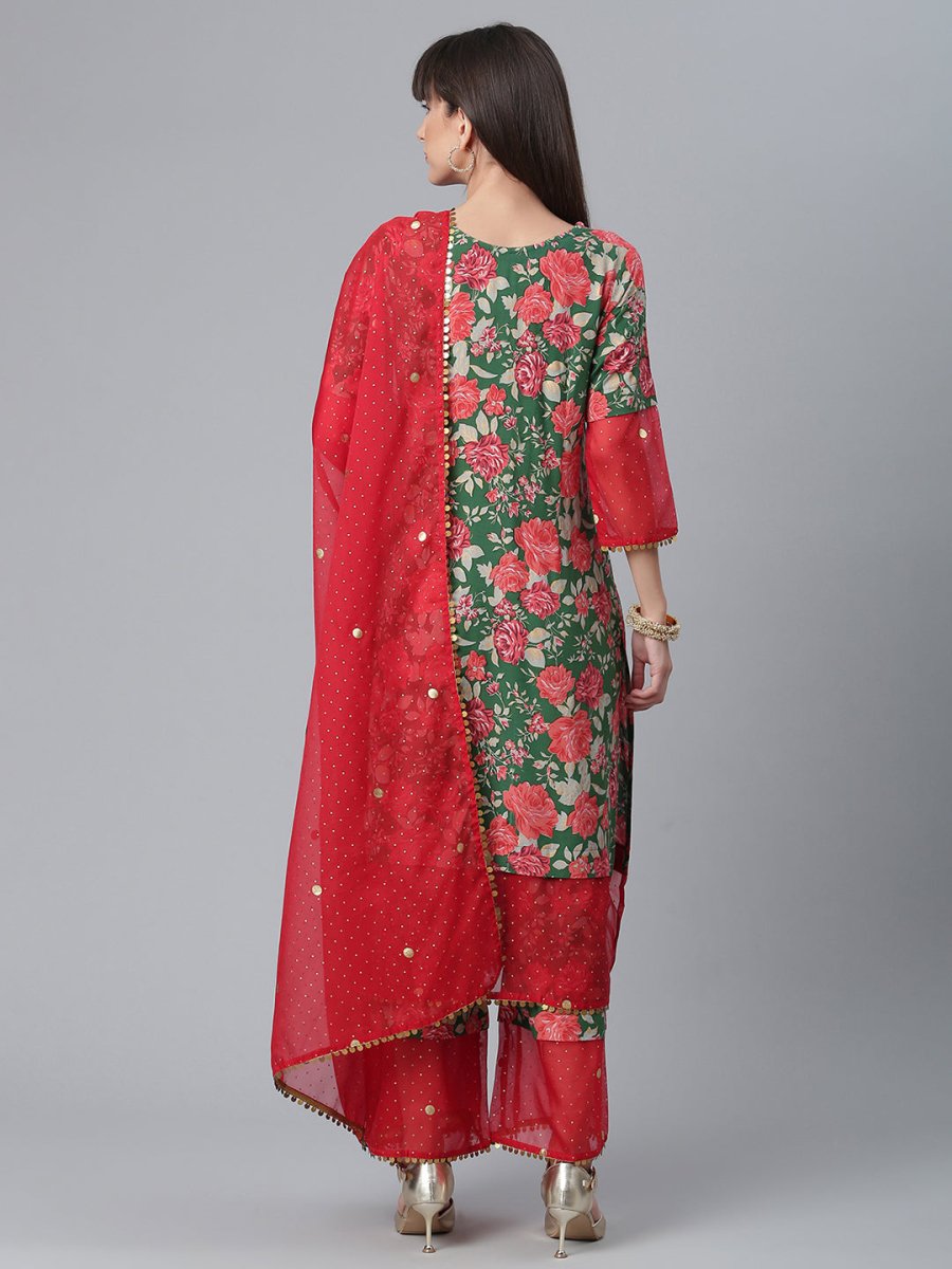 Ahalyaa Women Green Floral Printed Regular Kurta With Palazzos & Dupatta | Grocsy