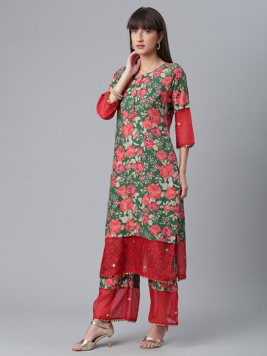 Ahalyaa Women Green Floral Printed Regular Kurta With Palazzos & Dupatta | Grocsy
