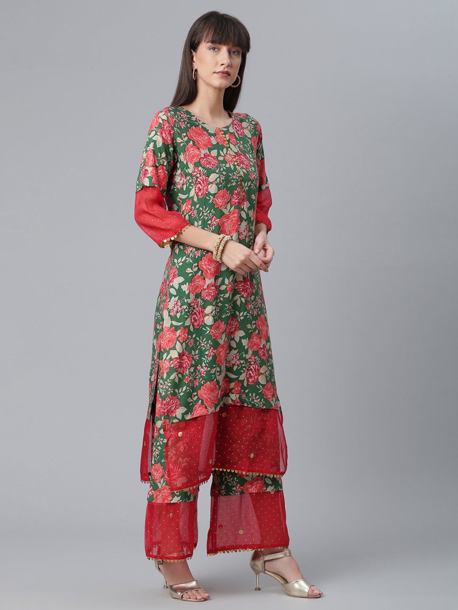 Ahalyaa Women Green Floral Printed Regular Kurta With Palazzos & Dupatta | Grocsy