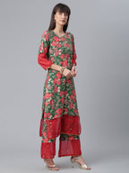 Ahalyaa Women Green Floral Printed Regular Kurta With Palazzos & Dupatta | Grocsy