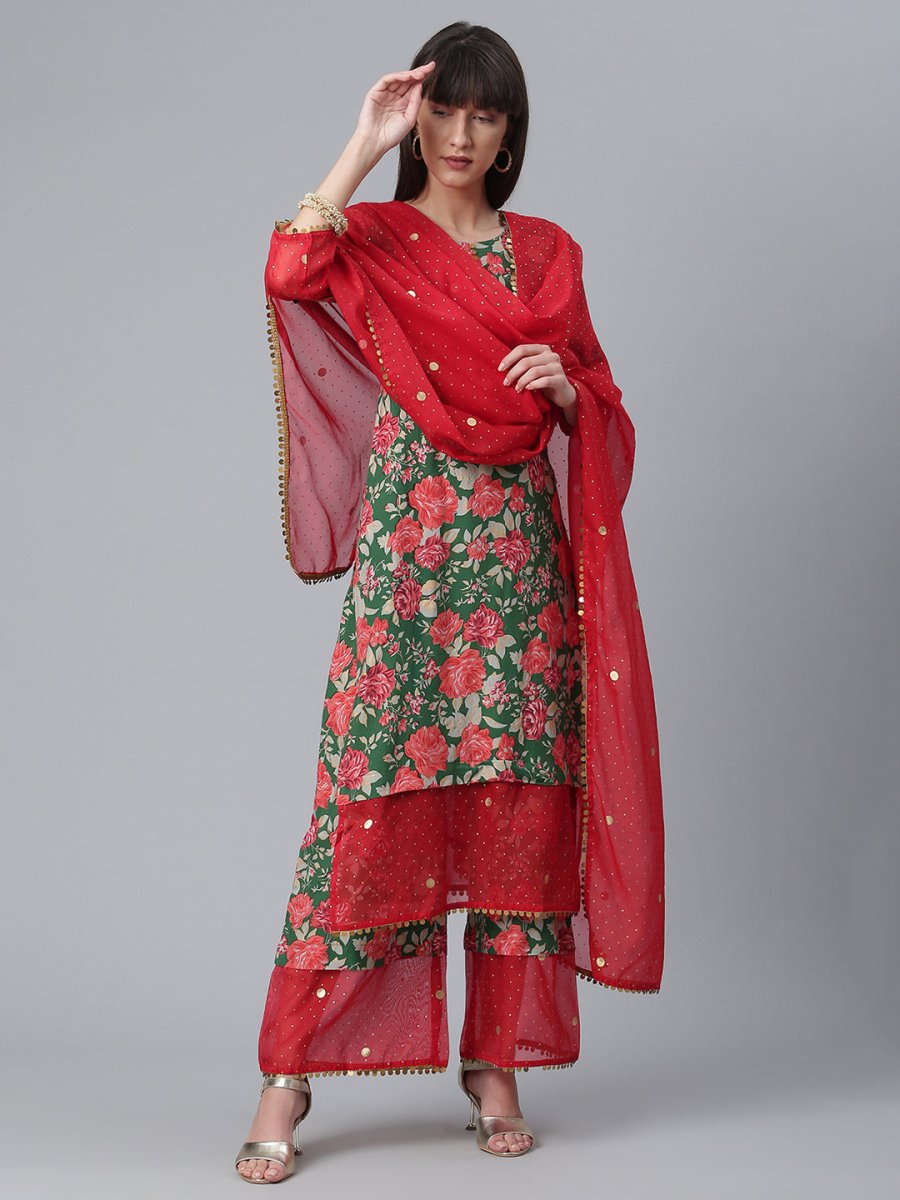 Ahalyaa Women Green Floral Printed Regular Kurta With Palazzos & Dupatta | Grocsy
