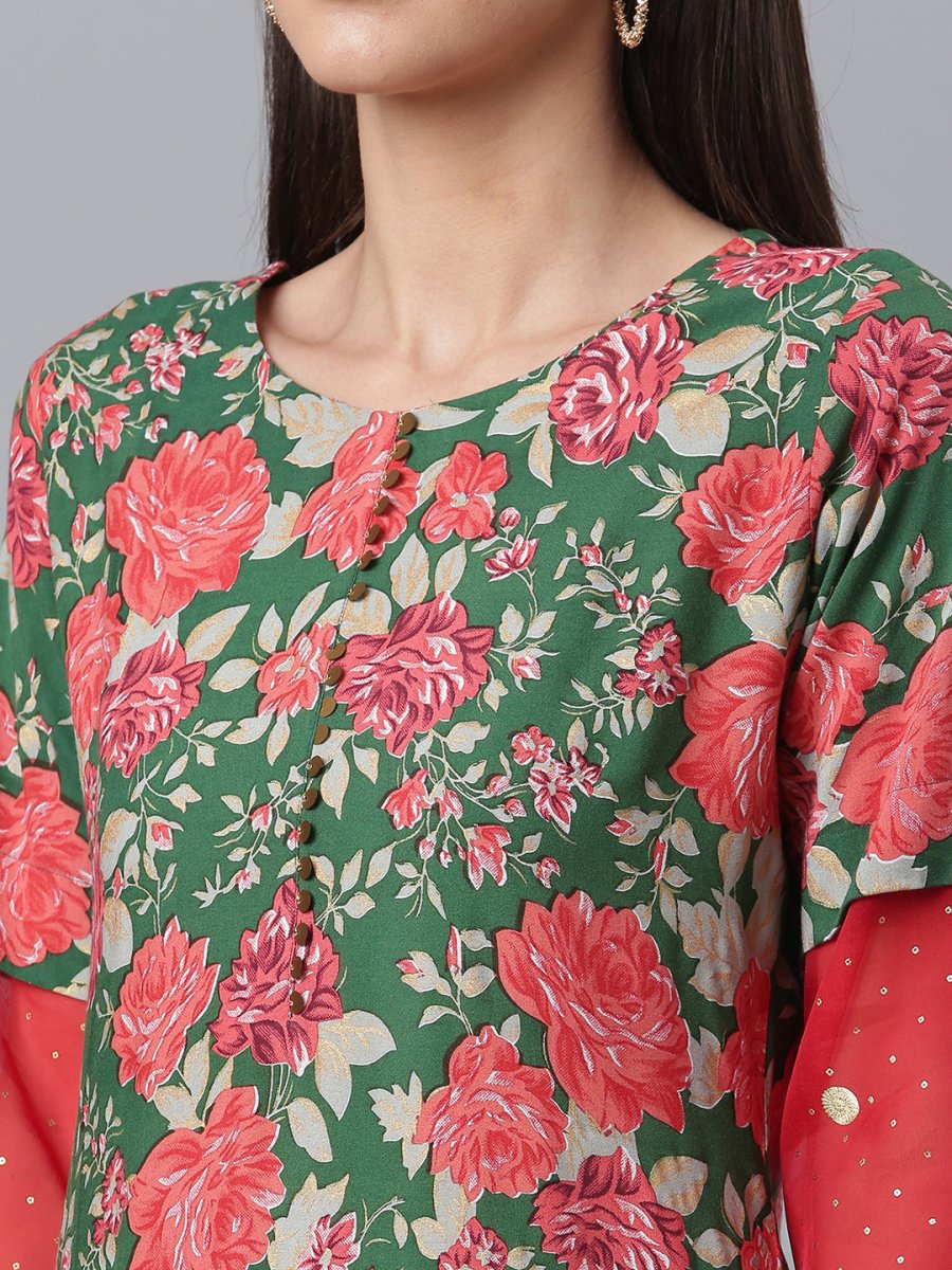 Ahalyaa Women Green Floral Printed Regular Kurta With Palazzos & Dupatta | Grocsy