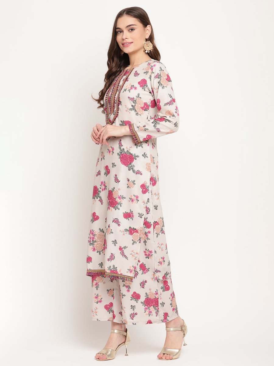 Ahalyaa Floral Printed Round Neck Floral Crepe Straight Kurta | Grocsy