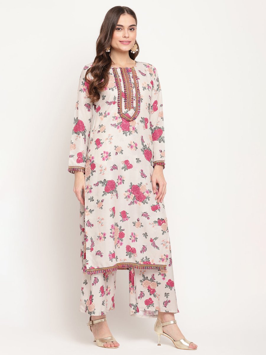 Ahalyaa Floral Printed Round Neck Floral Crepe Straight Kurta | Grocsy