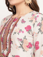 Ahalyaa Floral Printed Round Neck Floral Crepe Straight Kurta | Grocsy