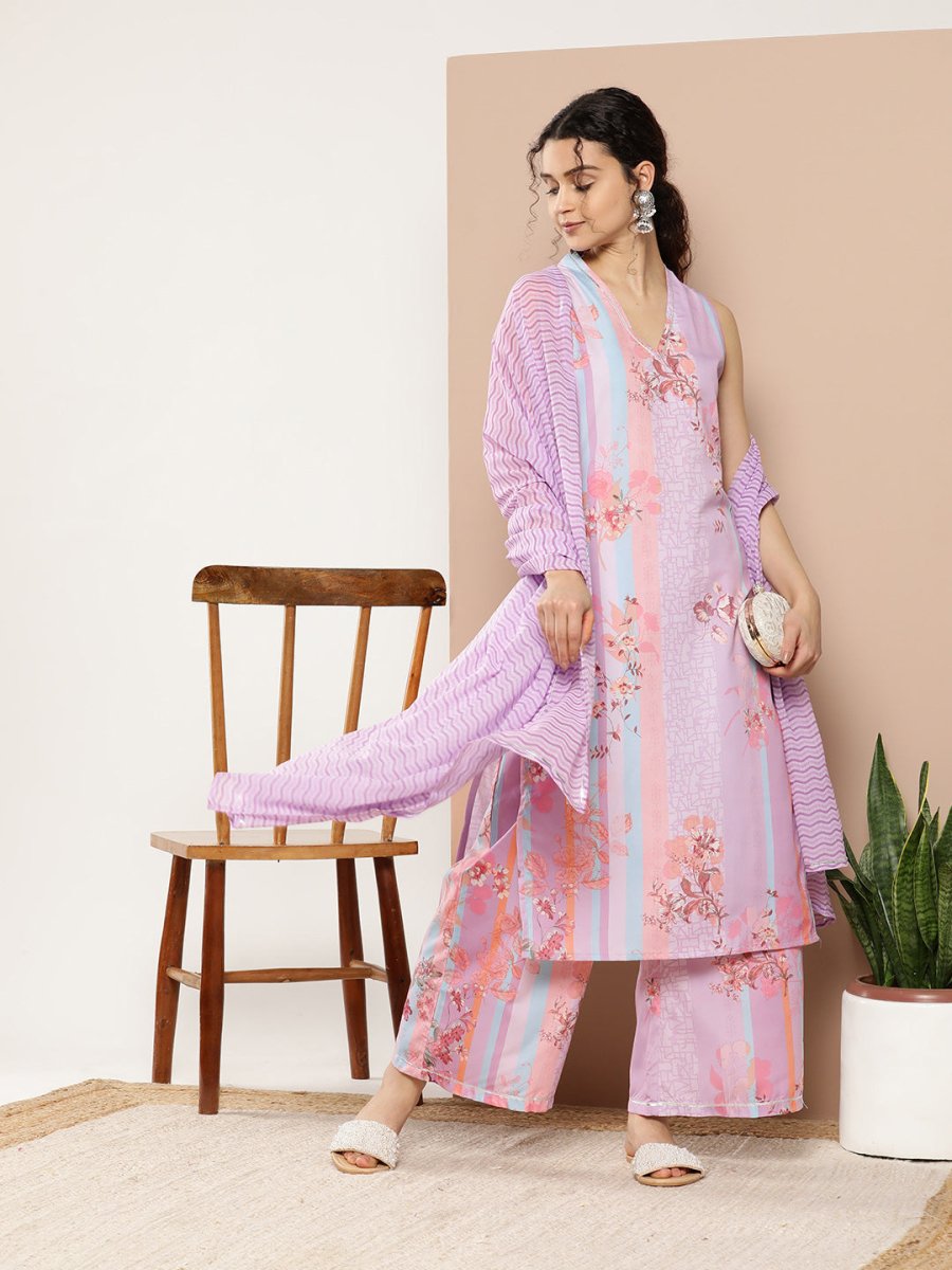 Ahalyaa Women Lavender Floral Printed Gotta Patti Kurta with Palazzos & With Dupatta | Grocsy