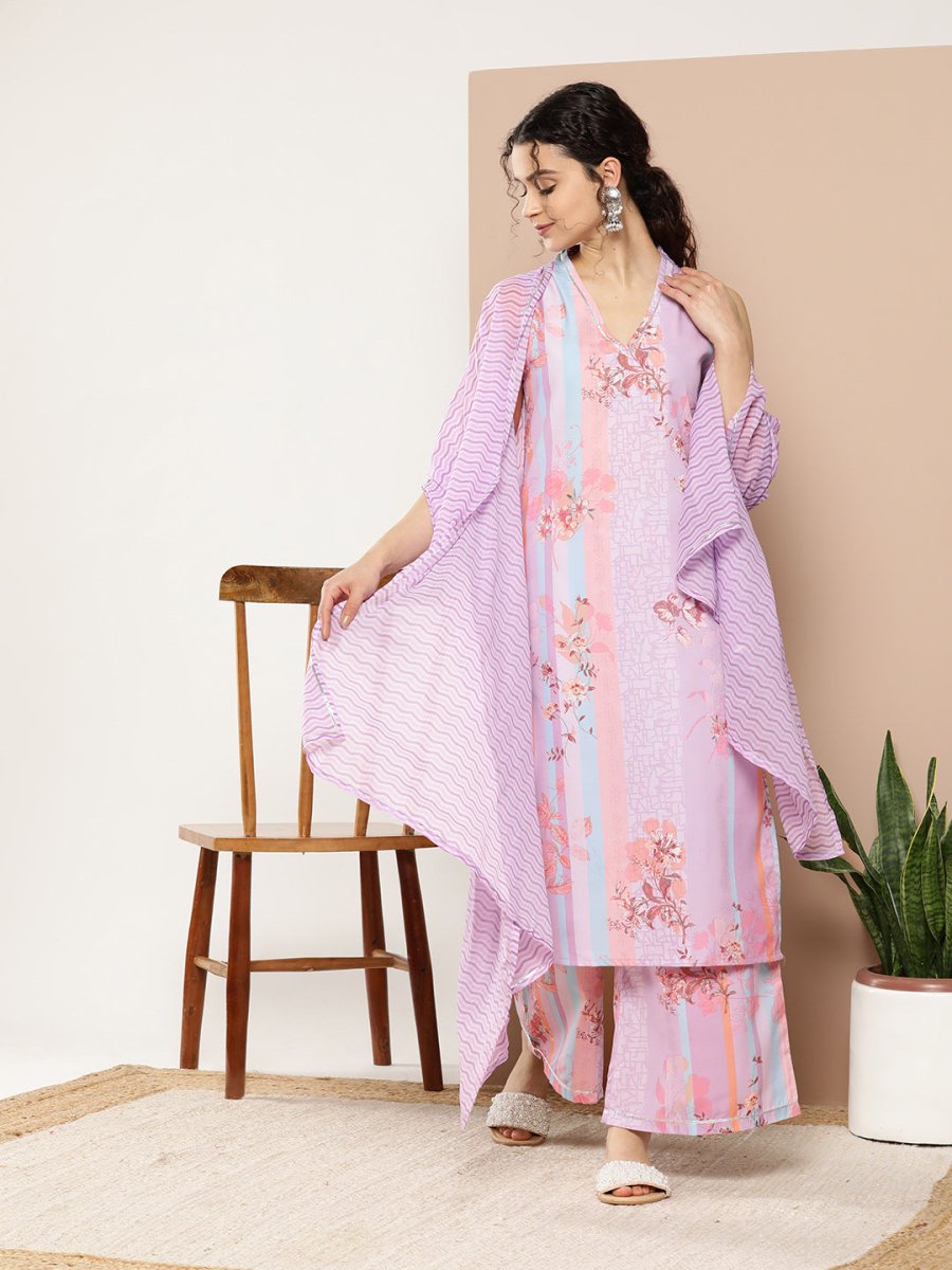 Ahalyaa Women Lavender Floral Printed Gotta Patti Kurta with Palazzos & With Dupatta | Grocsy